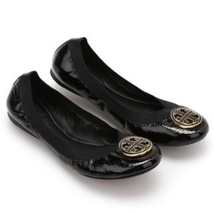 Like New Tory Burch Caroline Black & Gold Patent Leather Ballet Flats 8
